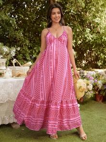 SHEIN Maternity Vacation Geometric Pattern Casual Halter Dress - Multicolor - View 1