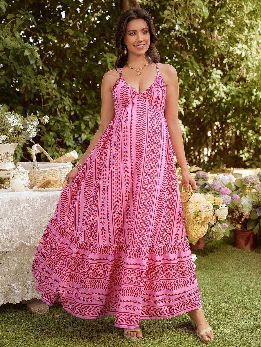 SHEIN Maternity Vacation Geometric Pattern Casual Halter Dress - Multicolor - View 1