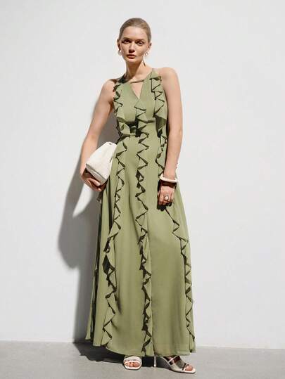 Aveloria Modichic Vestido elegante, ligero y sexy para vacaciones con cuello en V hueco, cintura con volantes y sin mangas para mujeres