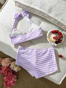 Swim Mod Women's Cute Vacation Pink Striped Halter Swimwear Set - Purple - View 3