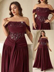 Coutiva Plus Size Women's Off-Shoulder Sequin Pleated Elegant Cinched Waist Formal Evening Gown - Burgundy - View 1