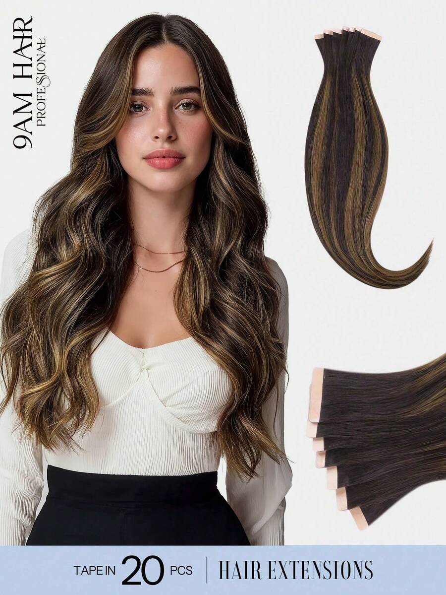 20 sợi tóc nối PU liền mạch, vô hình, thẳng, dài 14-24 inch, 100% tóc thật Remy, 50g/gói, màu Balayage từ nâu đậm đến nâu hạt dẻ, mềm mại và tự nhiên, tóc nối mềm mại như thật. - S2/10 - Xem 1