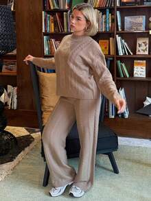 Bethéva 女式卡其色圆领长袖休闲毛衣上衣和裤子两件套，冬季服装 - 卡其色 - 查看 4