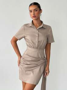 Siren Gaze Women's Ruched Waist Wrap Shirt Dress,Short Sleeve Button Down Mini Dress,Taupe Summer Office Casual Elegant Classy,Vintage Work Wear Evening Gown - Apricot - View 4
