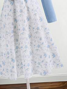 SHEIN 2pcs/Set Cardigan Rajut Bergaris Kasual Musim Semi/Musim Gugur untuk Remaja Perempuan Bertubuh Mungil dengan Dekorasi Pita dan Gaun Selip Chiffon Motif Bunga Elegan - Baby Blue - View 6