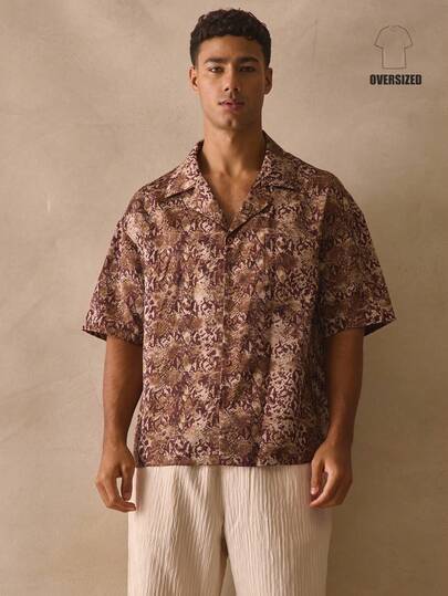 Musero 宽松翻领短袖落肩上衣，纽扣全印花衬衫，春夏必备假日单品