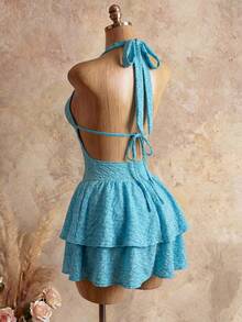 BamGleam Đầm ngắn kiểu dáng nghỉ mát dành cho nữ, màu xanh ngọc lam, chất liệu vải dệt họa tiết, cổ chữ V sâu, dây buộc vai, viền bèo nhún, eo thắt, thích hợp cho các bữa tiệc, mùa cưới, trang phục gợi cảm, hẹn hò, tiệc trà chiều, lễ hội âm nhạc, bãi biển, đầm nghỉ mát mùa hè, đầm ngắn. - Màu xanh ngọc - Xem 2