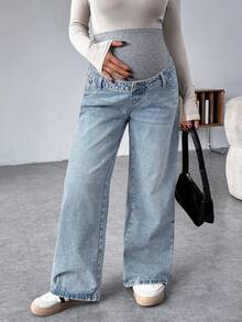 SHEIN Quần bầu dệt kim màu xám phối denim xanh dáng rộng - Rửa nhẹ - Xem 3