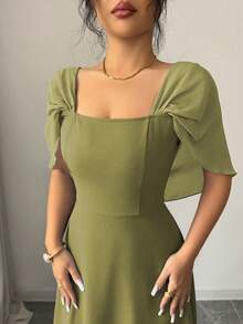 Modelyn Women's Square Neck Waist Gathered A-Line Long Dress, Elegant & Romantic For Everyday Wear - Green - View 4