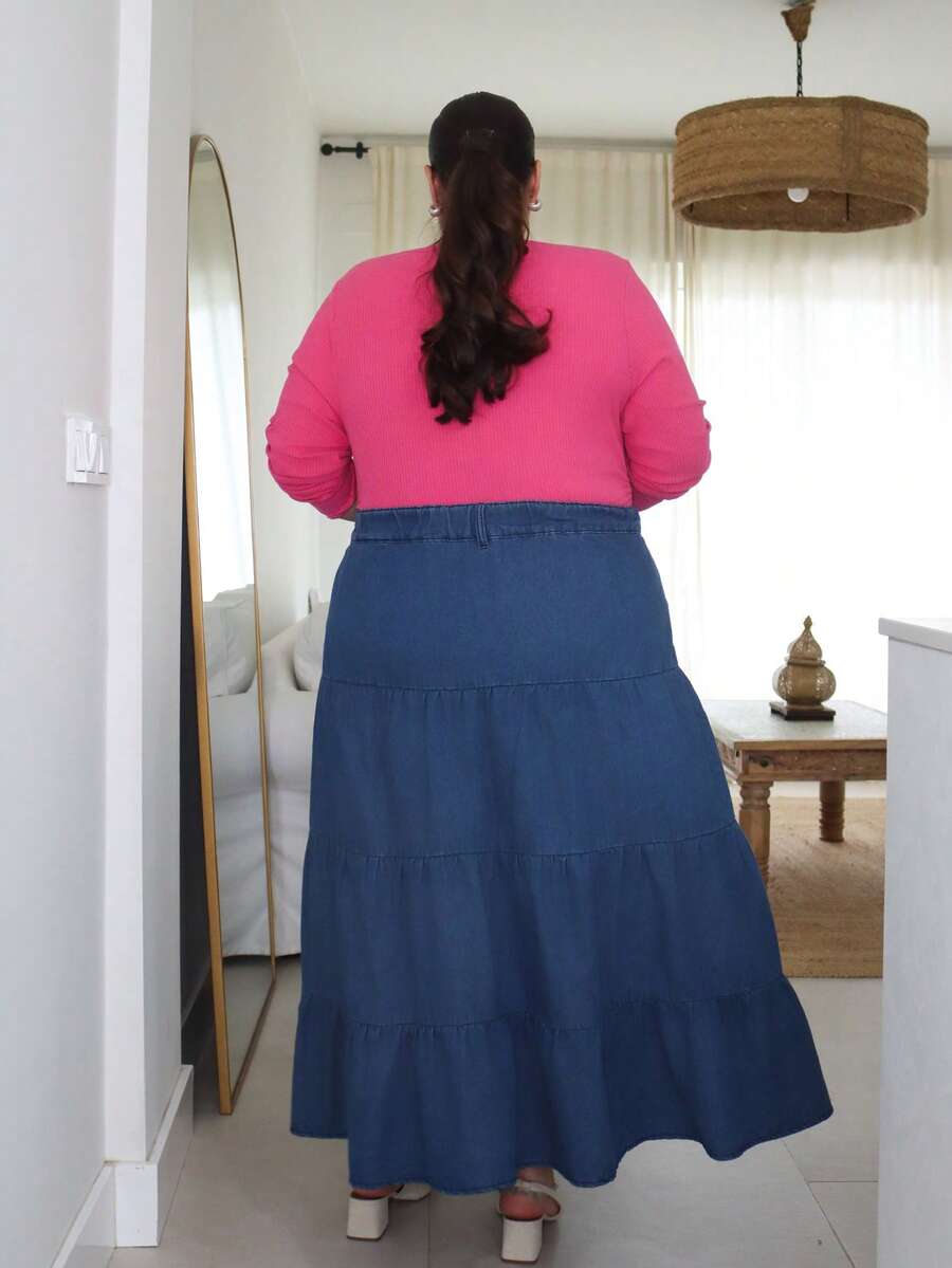 Pretty and Ole Plus Size Casual Washed Multi-Layer Denim Skirt - Blue - View 1