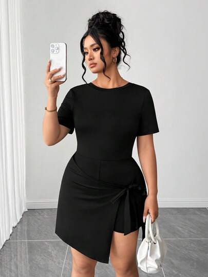 Elenzga Mono informal de mujer talla grande de unicolor, cuello redondo, manga corta y bajo asimétrico