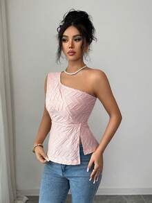 Elenzga Blusa de mujer de tela texturizada con bajo asimétrico, elegante y romántica para uso casual, de oficina, citas, fiestas y cenas, primavera/verano - Rosa - Ver 3