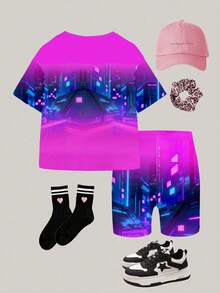SHEIN Phong cách thể thao Cyberpunk màu tím neon ngọt ngào và cá tính, hình cô gái hoạt hình K-POP, in hình cử chỉ tay số 6-7, bộ 2 món áo thun ngắn tay cổ tròn và quần short thoải mái dành cho bé gái, thích hợp cho mặc hàng ngày, ở nhà hoặc khi chơi thể thao vào mùa xuân/hè. - Nhiều màu - Xem 2