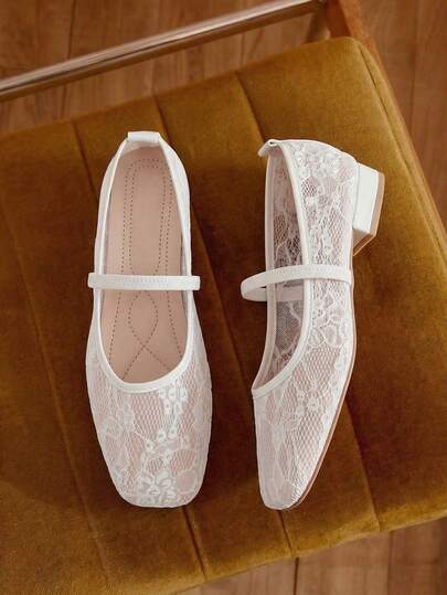 方头花卉蕾丝网眼女士平底玛丽珍芭蕾鞋，时尚、舒适、透气、一脚蹬，休闲/工作皆宜，温柔优雅