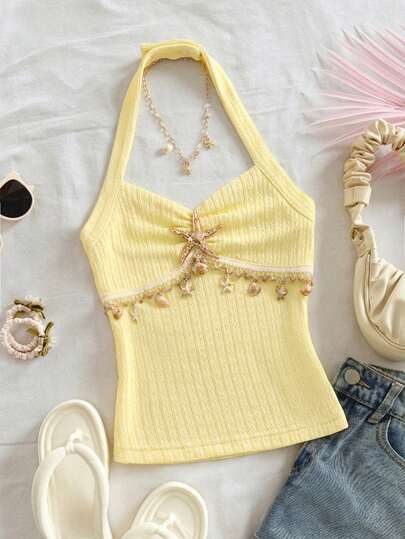 Tween Girls White Starfish Halter Neck Cropped Top | Ruched Fitted Removable Bow Blouse Cropped Silhouette With Starfish Decor + Faux Pearl Chain | Marine Style Sweet Elements, Adds Refined Touch Halter Neck Design + Removable Bow | Flexible Styling, Adjustable Wear Ruched Fitted Fabric | Conforms To Without Tightness, Comfortable And Fashionable