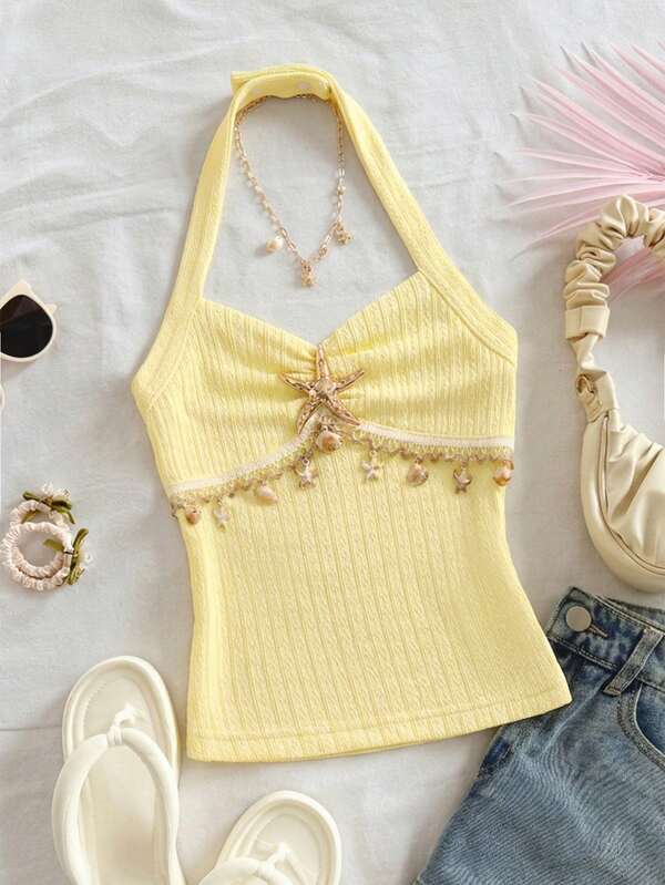 Tween Girls White Starfish Halter Neck Cropped Top | Ruched Fitted Removable Bow Blouse Cropped Silhouette With Starfish Decor + Faux Pearl Chain | Marine Style Sweet Elements, Adds Refined Touch Halter Neck Design + Removable Bow | Flexible Styling, Adjustable Wear Ruched Fitted Fabric | Conforms To Without Tightness, Comfortable And Fashionable