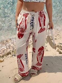 SHEIN EZwear 加大码海洋印花系带休闲裤，适合春夏海滩穿着，可作沙滩罩衫或夏季女裤 - 彩色 - 查看 7