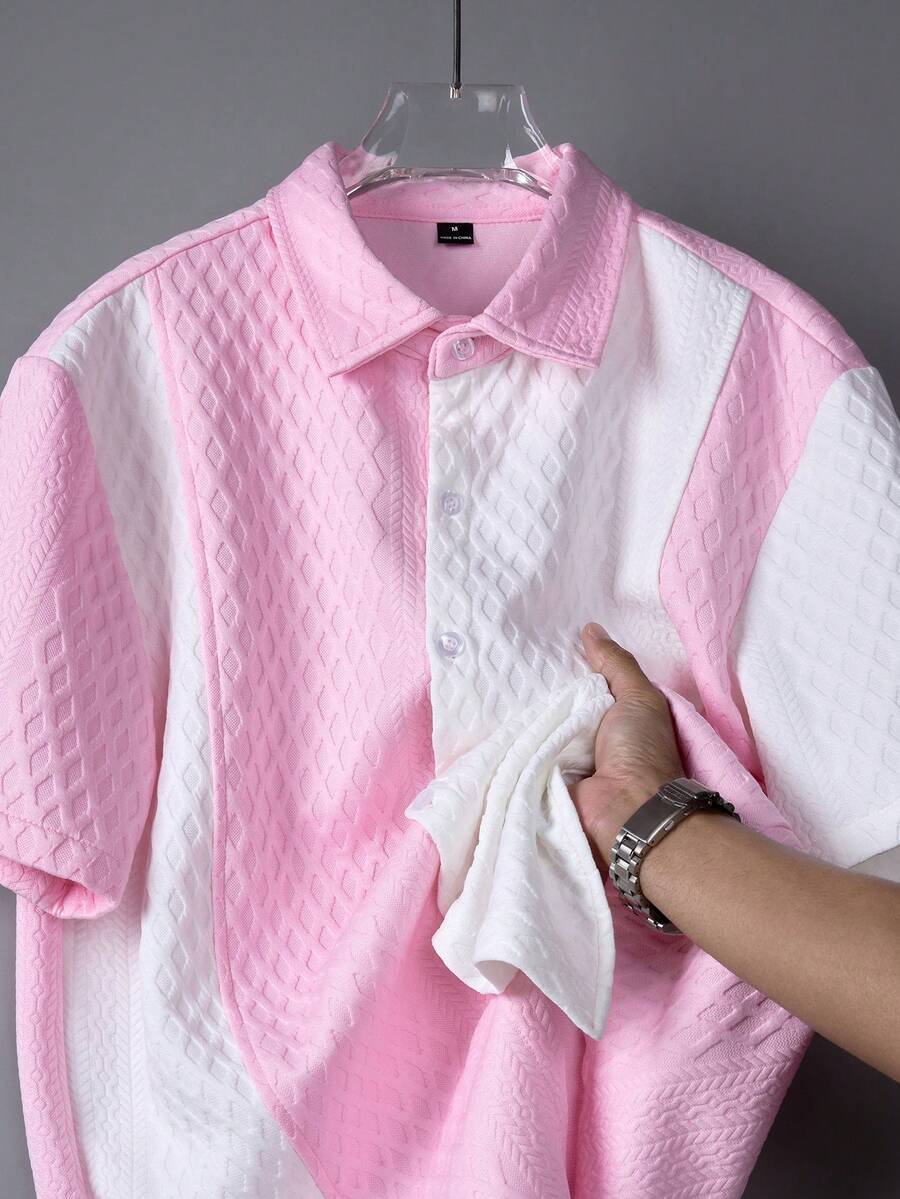 Manfinity Homme 男士撞色 Polo 领短袖衬衫 - 粉色 - 查看 1