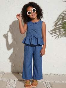 SHEIN 2Pcs/Set Young Girl Woven Plaid Crew Neck Fitted Casual Top & Loose Casual Pants   Jumpsuit Girls Jean Suit For Girl   Two Piece Set For Girls,Kids - Blue - View 2