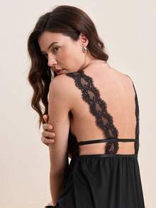 Hourtrue 对比色蕾丝蝴蝶结睡衣睡裙 - 黑色 - 查看 9