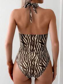 Swim Vcay 2026 Spring/Summer Random Brown & Yellow Striped Print Plunging V-Neck Fitted One-Piece Bikini Swimsuit - Multicolor - View 2