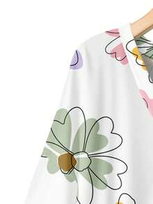 SHEIN LUNE 休闲简约浪漫彩色花卉印花撞色宽松V领T恤，适合大码女装，白色上衣，夏季穿着 - 彩色 - 查看 4