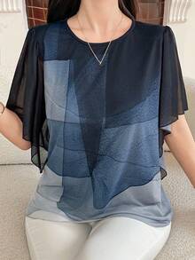 Livesso Women's Loose Fit Ombre Elegant Flowy Blouse - Navy Blue - View 6