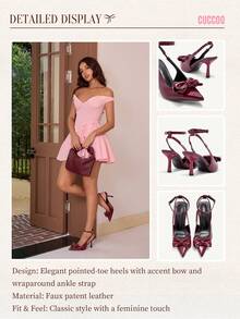 CUCCOO CHICEST Chaussures à talons hauts élégantes à bout pointu pour femmes, avec un design de nœud enroulé sur la cheville. Talons romantiques et doux de couleur bordeaux pour les rendez-vous, le thé de l'après-midi, le travail - Rouge foncé - Voir 3