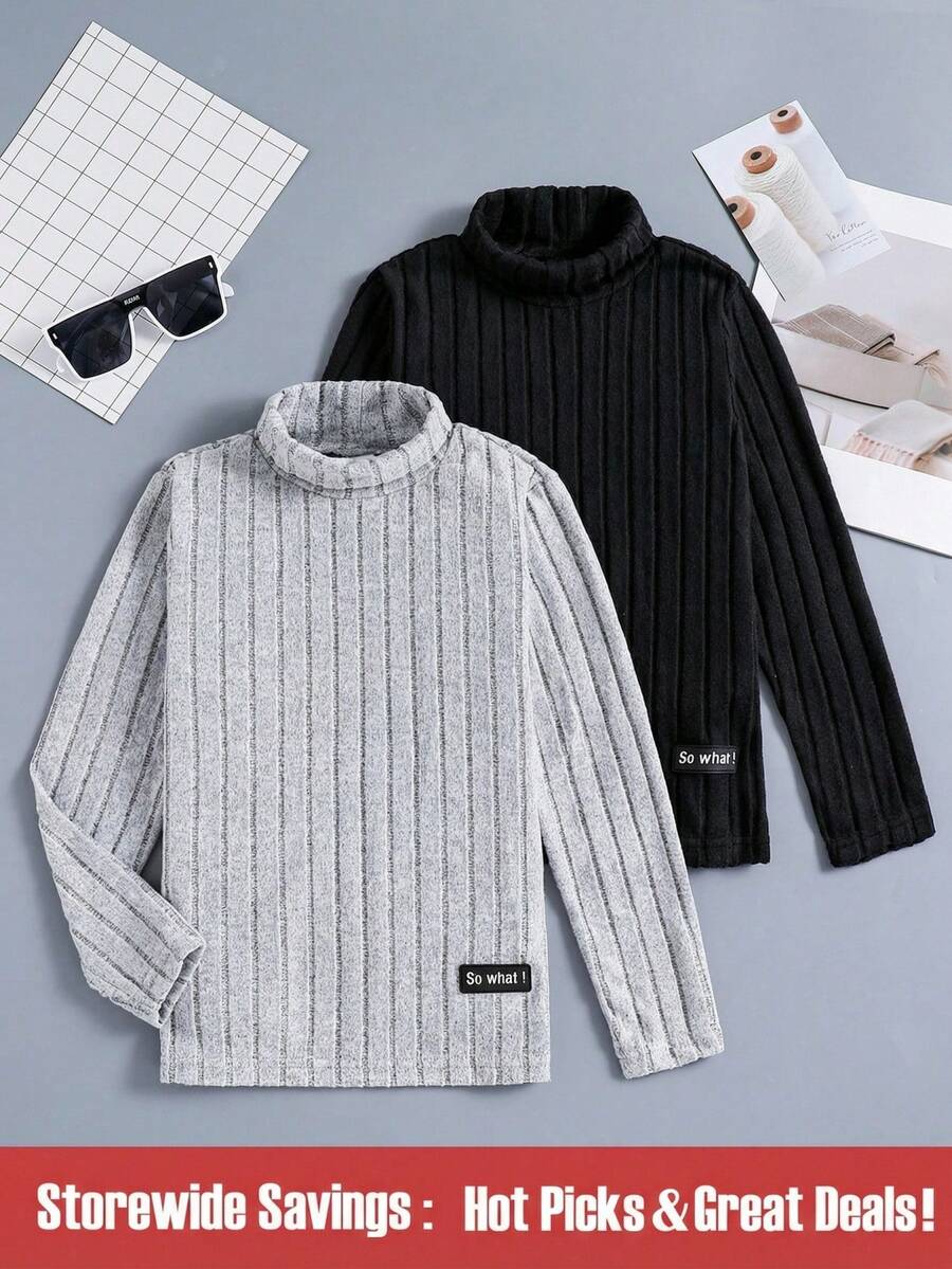 SHEIN Explorewe Conjunto de 2 piezas para niño preadolescente: Camiseta de cuello alto acanalada con parche con letra, elegante para otoño/invierno - Gris Claro - Ver 1