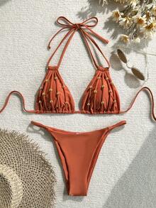 Swim Mod 女士夏季沙滩露背系带性感比基尼和三角泳裤泳装套装 - 紅木色 - 查看 2