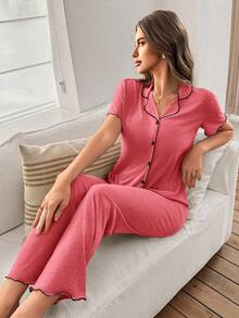 SHEIN 女士西瓜红简约V领开襟荷叶边轻盈垂坠针织面料短袖上衣和裤子，休闲家居服两件套 - 西瓜粉 - 查看 3