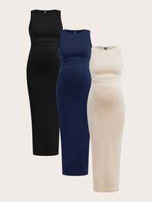 SHEIN Set de 3 vestidos casuales de maternidad de unicolor con cuello redondo, plisados y ajustados, sin mangas - Multicolor - Ver 15