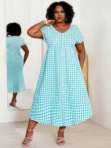 Vestido a cuadros de manga corta y cuello en V para mujer de talla, para vacaciones de verano - verde menta - Ver 3