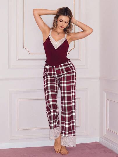 Sweet Girl Plaid Color Contrast Lace Patchwork Pajama Set, Red Casual Loose Camisole And Wide Leg Pants, Elegant Ladies Sleepwear