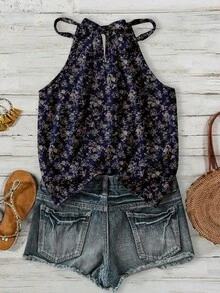 SHEIN LUNE Áo tank top cổ yếm họa tiết hoa giản dị dành cho nữ, thích hợp cho mùa xuân và mùa hè. - Nhiều màu - Xem 2