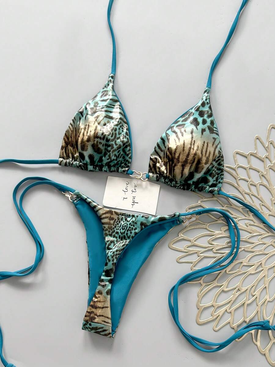Swim Vcay Bộ bikini hai mảnh không gọng, họa tiết da rắn ngẫu nhiên, kiểu tam giác, gồm áo yếm và quần lọt khe buộc dây bên hông, thích hợp cho kỳ nghỉ hè trên bãi biển. - Nhiều màu - Xem 1