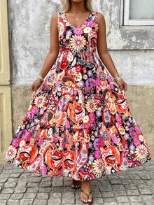 Breezaya Plus Size Women's Summer Beach Vacation Paisley Print Sleeveless Waist Tiered Hem Dress Holiday Black And Gold Boho - Multicolor - View 6