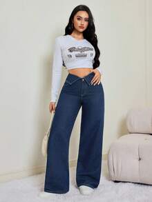 SHEIN Tall 女士翻折腰阔腿宽松休闲牛仔裤 - 中等水洗藍 - 查看 2