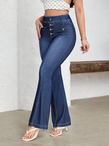 Flexra Women's Casual Washed High Waist Flare Leg Jeans - Blue - View 5