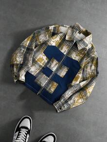 PAVTROS Áo sơ mi nam cỡ lớn, phong cách đường phố trẻ trung, chất liệu vải kẻ caro bạc màu, tay dài, dáng suông, khóa kéo phía trước, kiểu dáng cổ điển. - Màu vàng - Xem 4