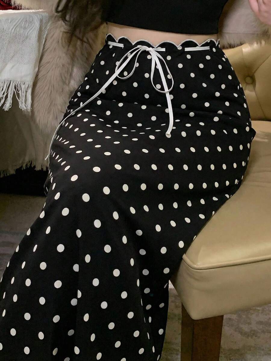 DAZY Spring & Summer Polka Dot Allover Print Waist Tie Bow Bodycon Cocktail Dress, Elegant Formal Gown For Valentine's Day, Wedding, Party, Slim Fit Mermaid Skirt - Black - View 1
