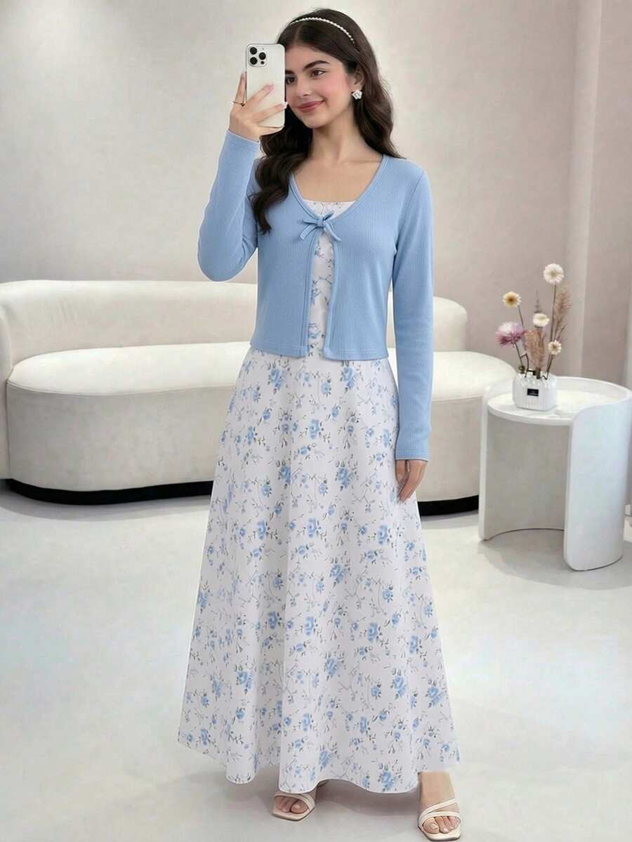 SHEIN 2pcs/Set Cardigan Rajut Bergaris Kasual Musim Semi/Musim Gugur untuk Remaja Perempuan Bertubuh Mungil dengan Dekorasi Pita dan Gaun Selip Chiffon Motif Bunga Elegan
