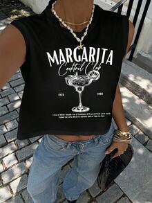 Siren Gaze 女士休闲圆领无袖露脐背心，适合夏季穿着，鸡尾酒杯印花图案 - 黑色 - 查看 7