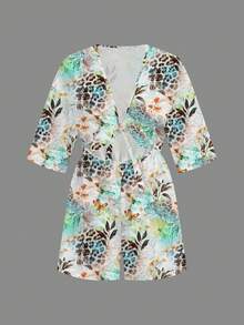 Slaydiva 春夏新款度假扭结前襟镂空七分袖宽松连体裤/新款音乐节/西部风/波西米亚风/复活节/纳什维尔/休闲百搭休闲/旅行海滩日光浴/度假/热带印花 - 彩色 - 查看 4