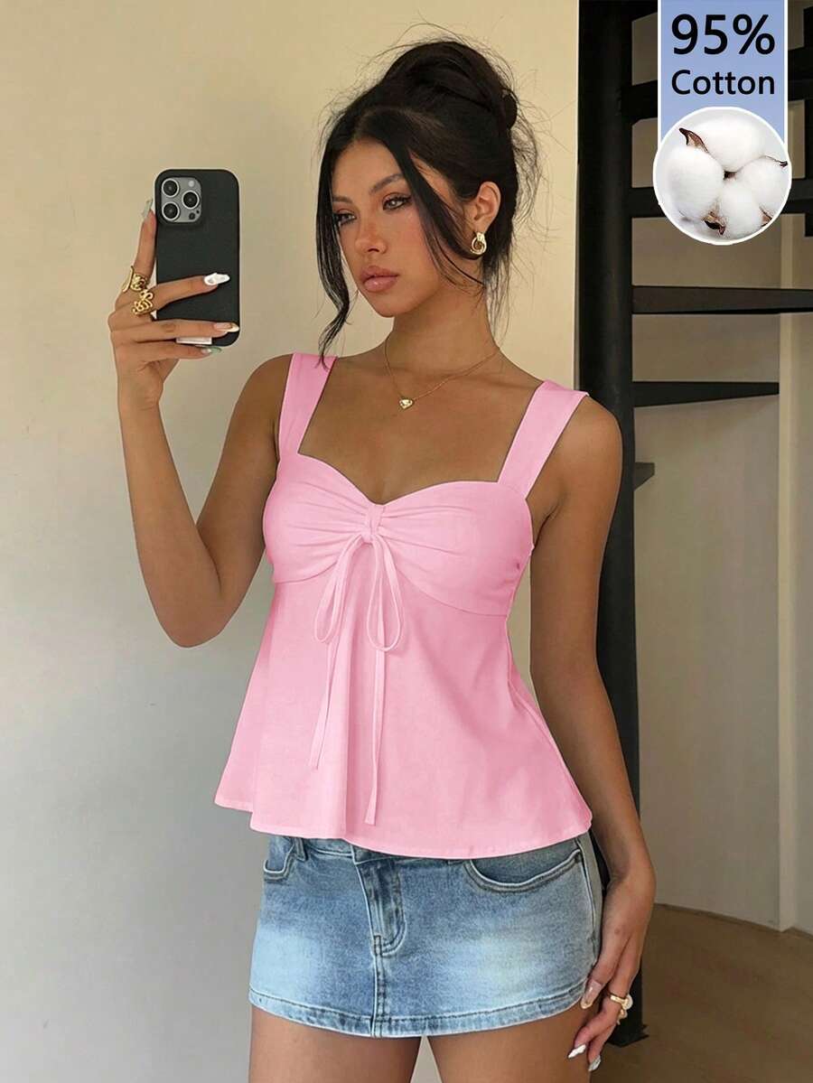 MainGRL 95% Cotton Pink Casual Tank Top For Women, Suitable For Summer,Pink Top - Pink - View 1