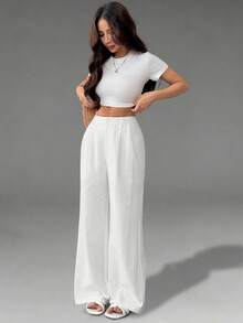 Femmeiva Pantalones casuales elegantes de diseño plisado para mujer - Blanco - Ver 7