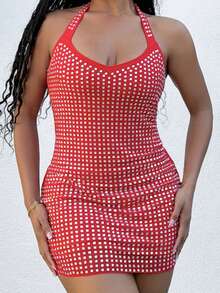 Tyla Gomez Sexy Mesh Strass Neckholder Mini Kleid für Frauen - Rot - Übersicht 3