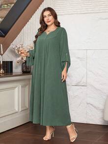 Lacomfia Women's Loose Pleated Long Sleeve Elegant Comfortable Minimalist Plus Size Dress - Green - View 3
