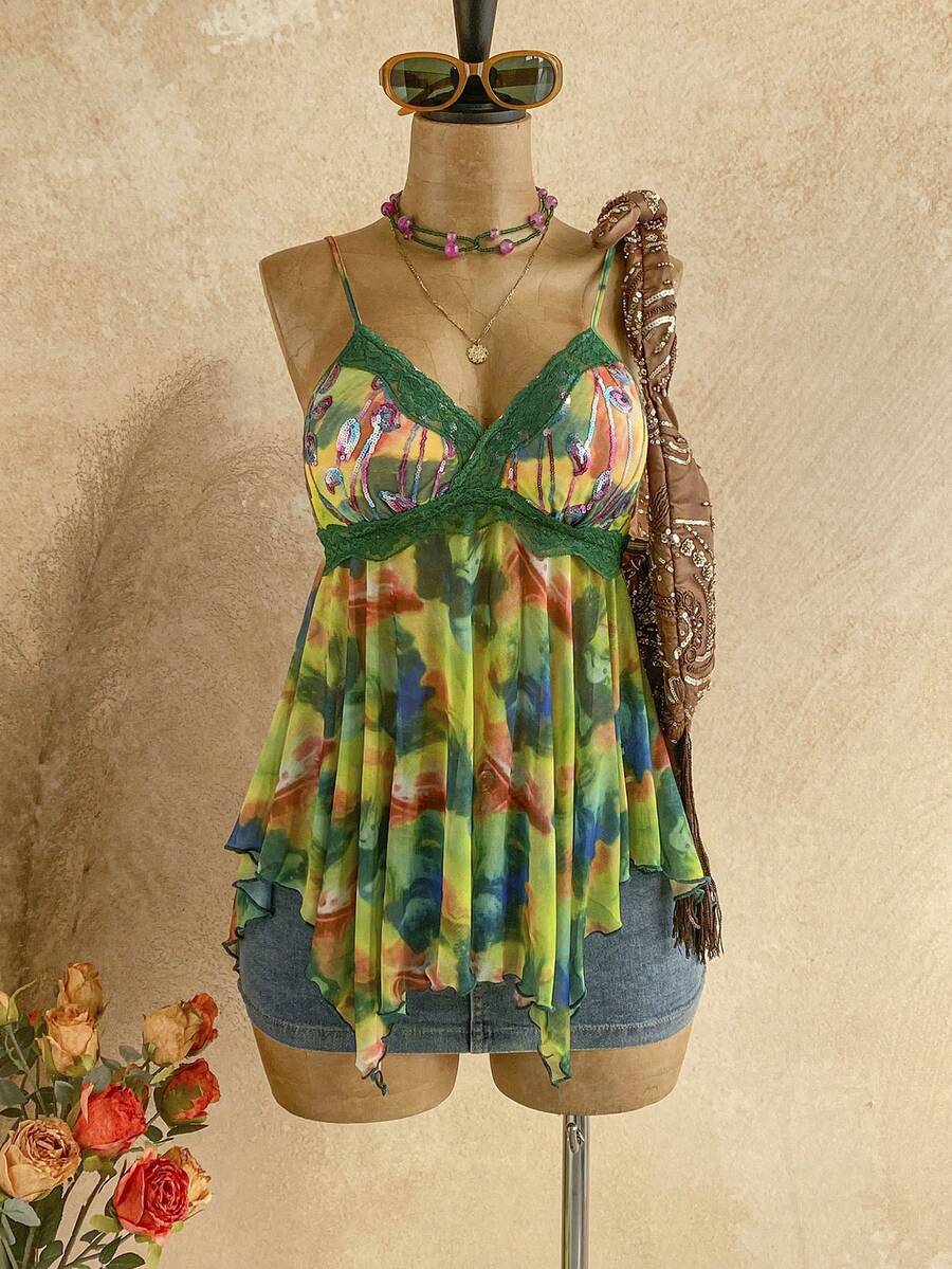 Soleia Nuevo top bohemio de estilo vintage con escote en V, parches de lentejuelas, encaje y bajo asimétrico para vacaciones - Multicolor - Ver 1
