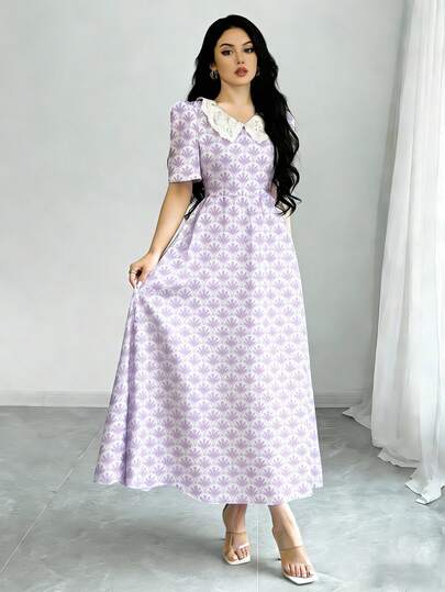 Modelyn V-Neck Lace Patchwork Ditsy Floral Short Sleeve Waist Dress, Women's Long Ditsy Floral Dress, Suitable For Summer Vacation And Daily Wear